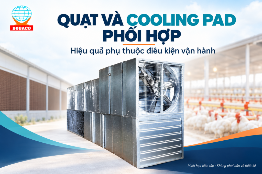 Quạt công nghiệp cho trang trại gà: chọn theo tuổi đàn Quạt và cooling pad phối hợp.